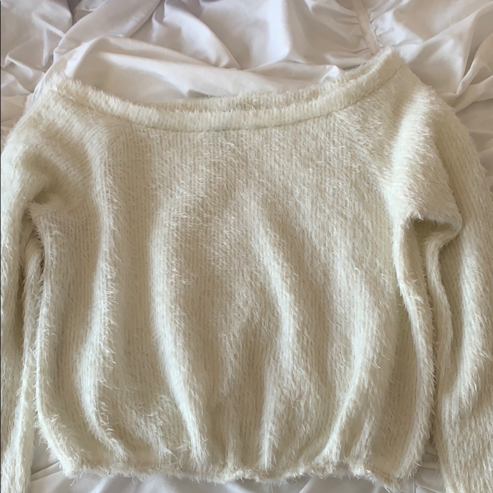 windsor fuzzy, off the shoulder, creme sweater